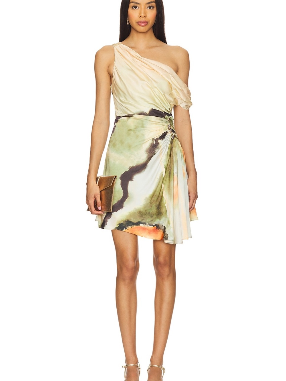 AMUR One-Shoulder Watercolor Mini Dress in Green, Cream and Orange Accents